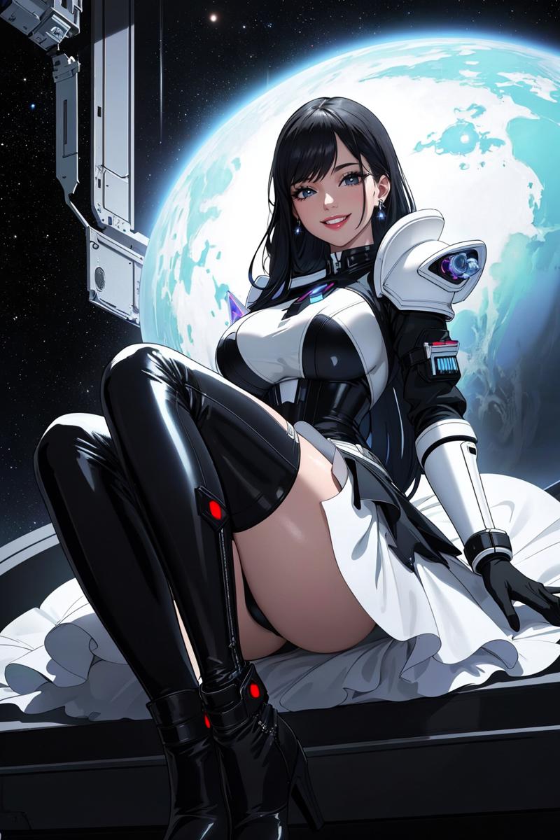 09033-2467428389-((Masterpiece, best quality,edgQuality)),smiling,excited,(in space)_ballgown,edgSciFi, a woman in a black and white outfit and b.png